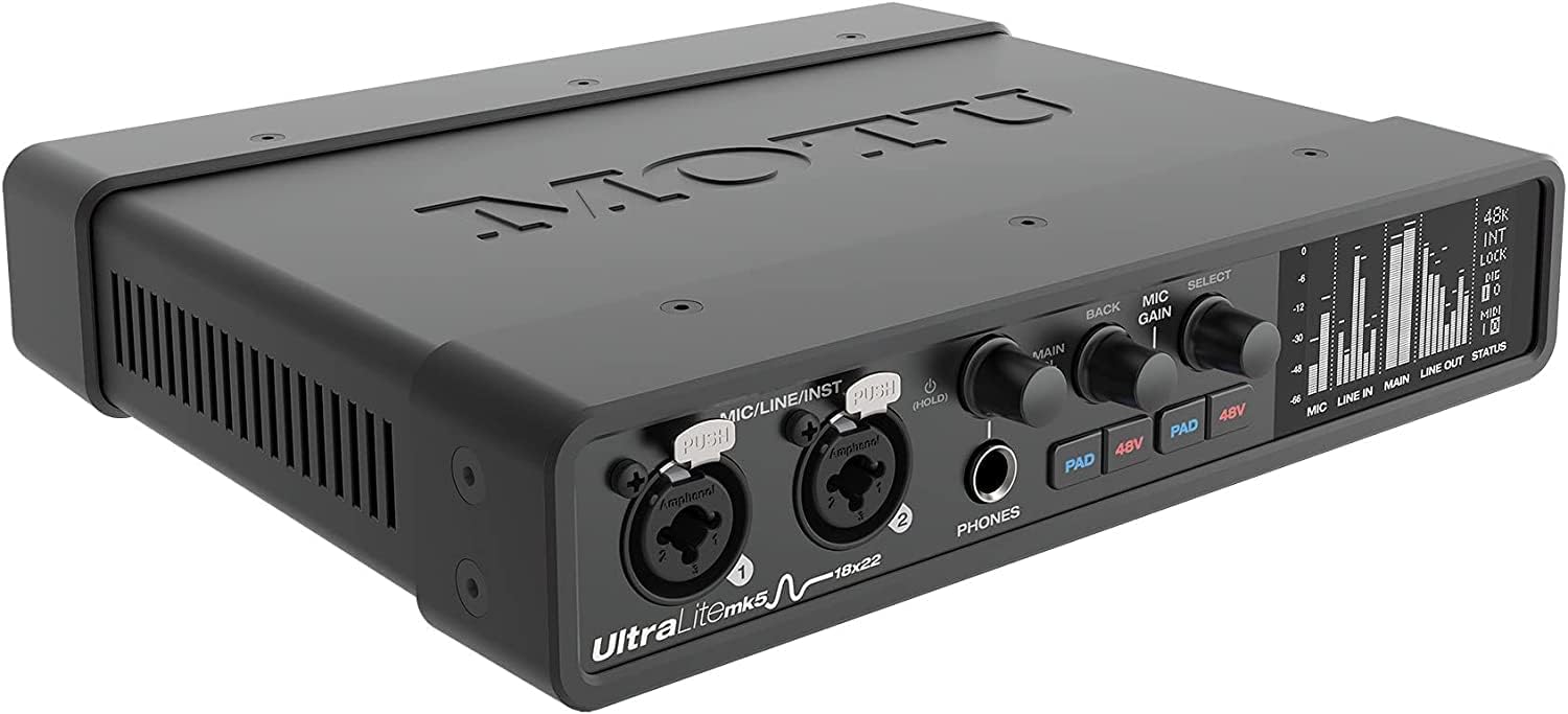 Carte Son Externe Noire Motu Ultralite MK5 - Interface Audio USB-C 18x22, Conversion A/D D/A ESS Sabre32 24 bits/192 kHz, DSP intégré, Préamplis de Classe A, Écran OLED - Idéale pour Home Studio