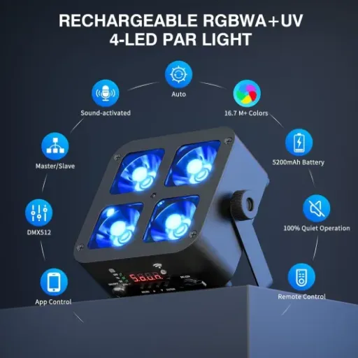 Avis 4PCS 100W LED Par Projecteur Rechargeable Yespick : un kit RGBWA+UV mobile pour DJs et petites scènes