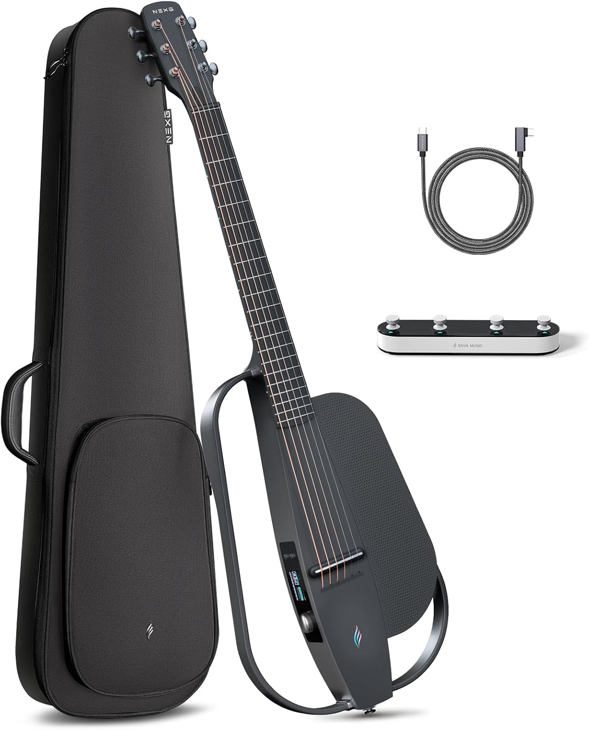 Guitare Électrique Acoustique NEXG2 - Noir 3/4 Pouces Smart Audio Guitar NEXG 2 Édition de Base en Fibre Carbone pour Adultes Avec Haut-parleur Sans Fil 80W Footswitch Chargeur y Funda Base NEXG2-Noir