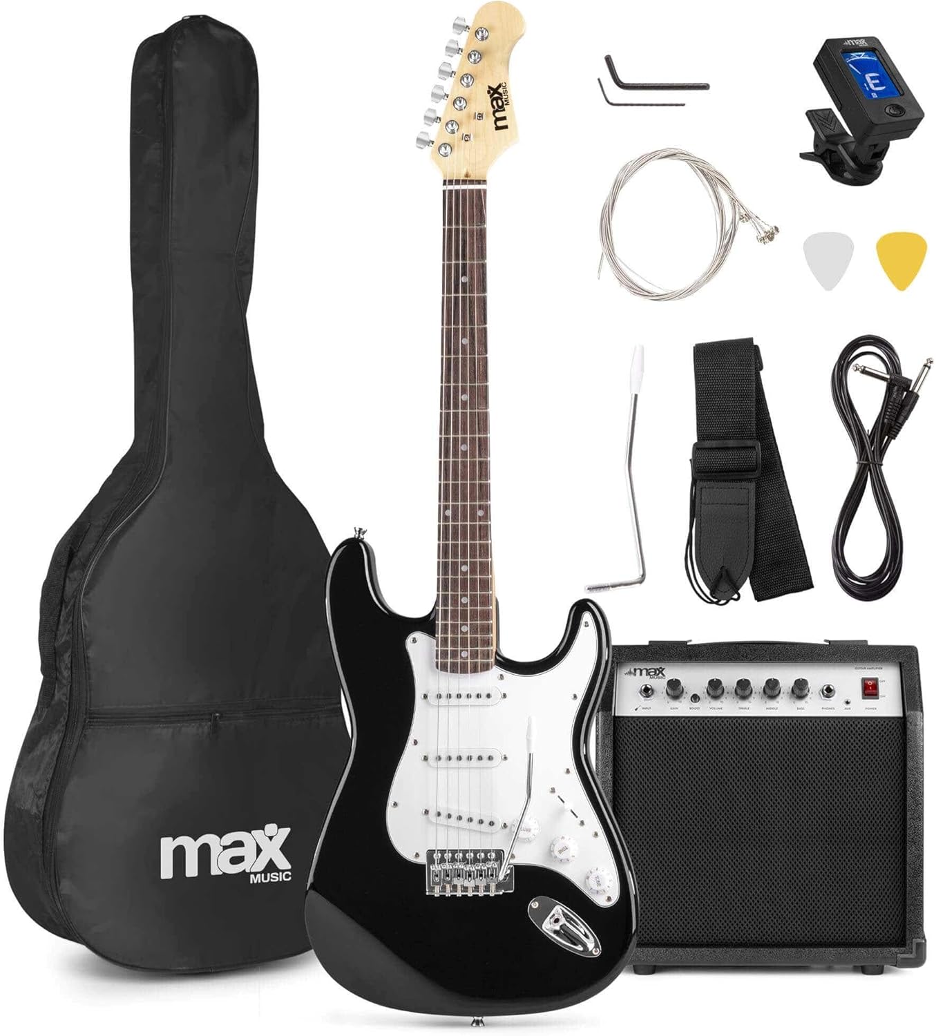 Pack Guitare Électrique GigKit avec Amplificateur 40 Watts - Noir, Livré avec de Nombreux Accessoires, une Housse, des Médiators et un Accordeur Numérique, Idéal pour les Débutants Noir/Blanc