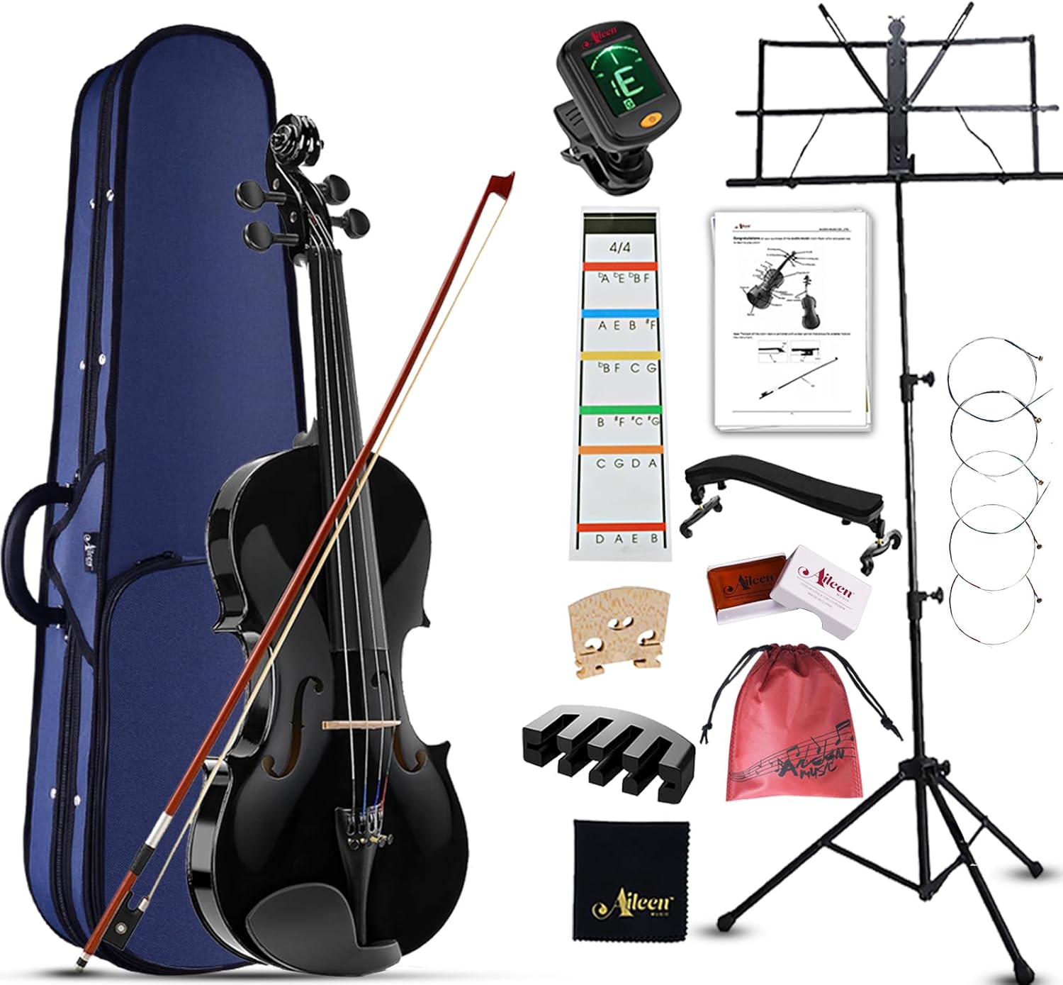 Aileen 4/4 Violon pour Adultes Débutants et Enfants 12+, Kit de Démarrage Noir avec 13 Accessoires, Pupitre et Nouveau Sticker Exclusif pour la Doigt 4/4 Noir