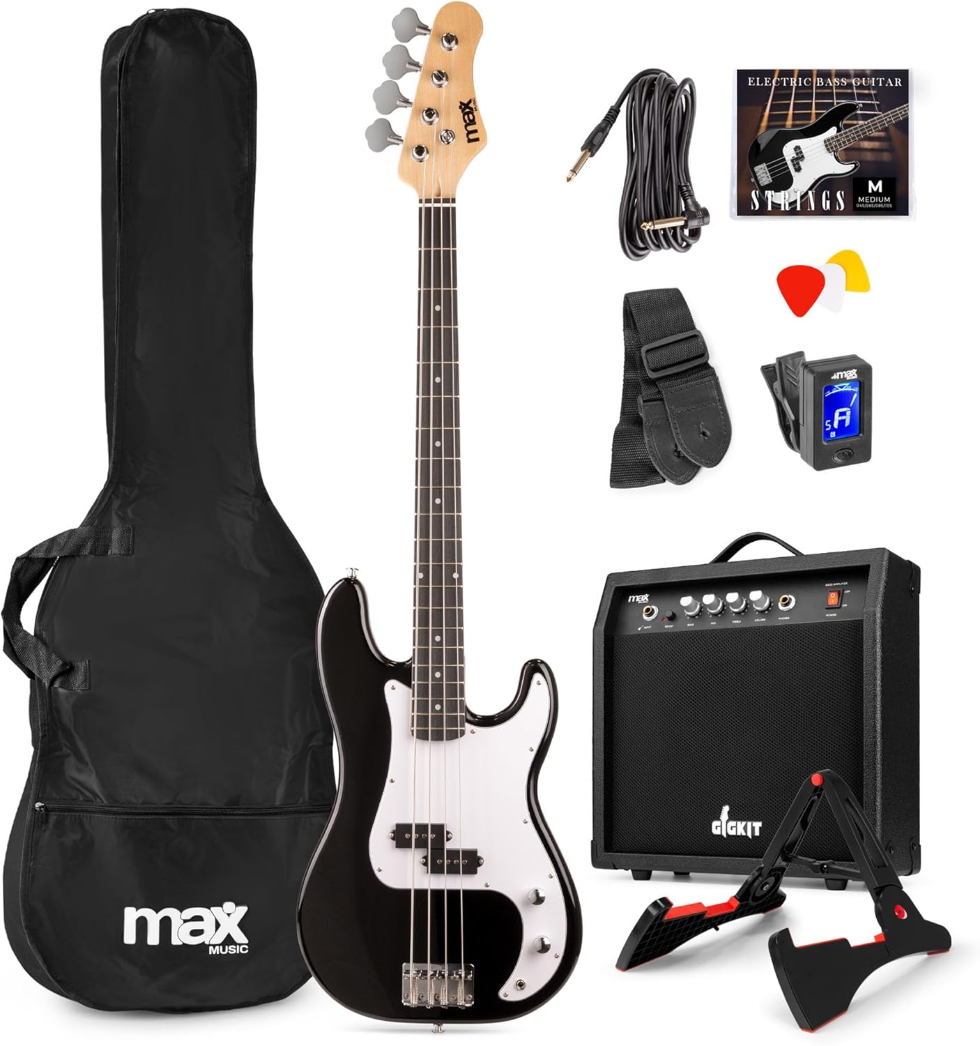 Gigkit Basse Electrique, Kit Complet Ampli 40 Watts, Housse, Stand, Cordes de Rechange, Accordeur, Sangle, Câble Jack et Médiators, Idéal pour Musicien Débutant ou intermédiaire - Noir