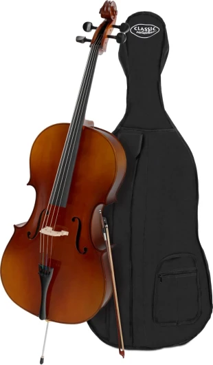 Student Violoncelle 4/4 - table en épicéa lamellé-collé, fond, éclisses, manche, chevalet en érable, touche tilleul teinté, chevilles et sillet érable noirci, archet et housse inclu