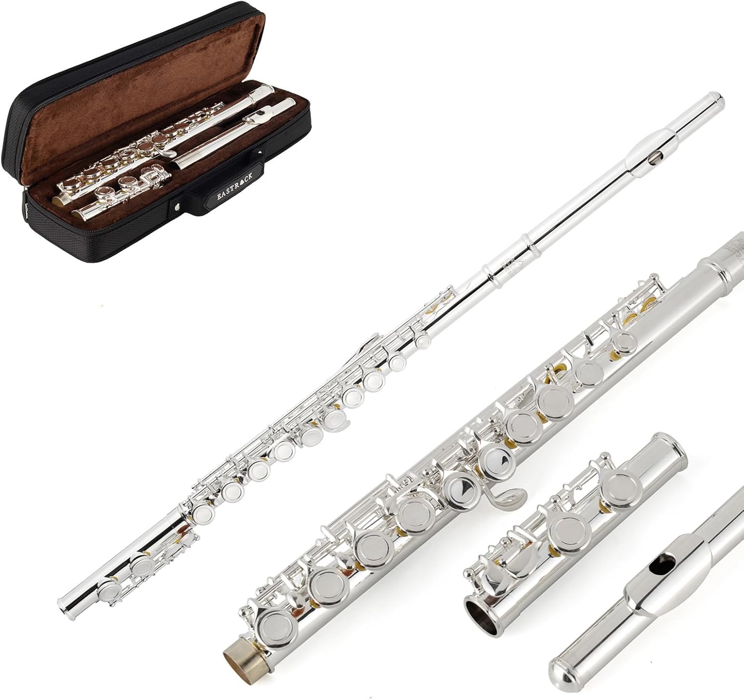 Flûtes Traversière à Trous Fermés, Flûtes Traversière 16 Trous pour Débutant Adultes, Flûte Traversière en Argente avec Support Kit de Nettoyage Tuning Rod Étui de Transport Trous Fermés Argent