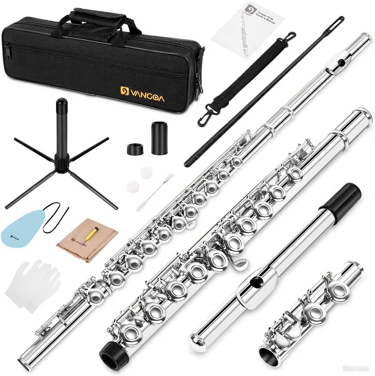 Flûte Traversière C À Trous Bouchés 16 Clés,maillechort Nickelé,avec Étui Rigide,support,tiges De Nettoyage,gants Et Kit,flute Pour Débutants Et Étudiants Argenté
