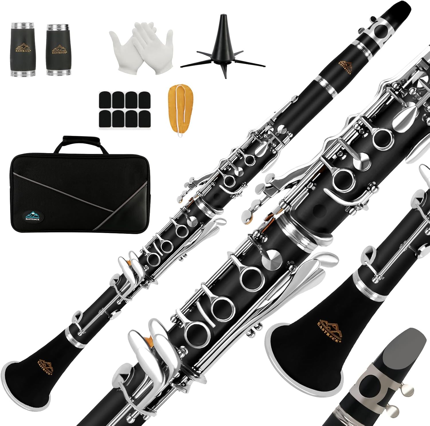 Si b Clarinette pour Débutants, professionnelle clarinette plate 17 clés en nickel, clarinette d'étudiant ABS clarinette avec étui rigide, support, gants (Noir)