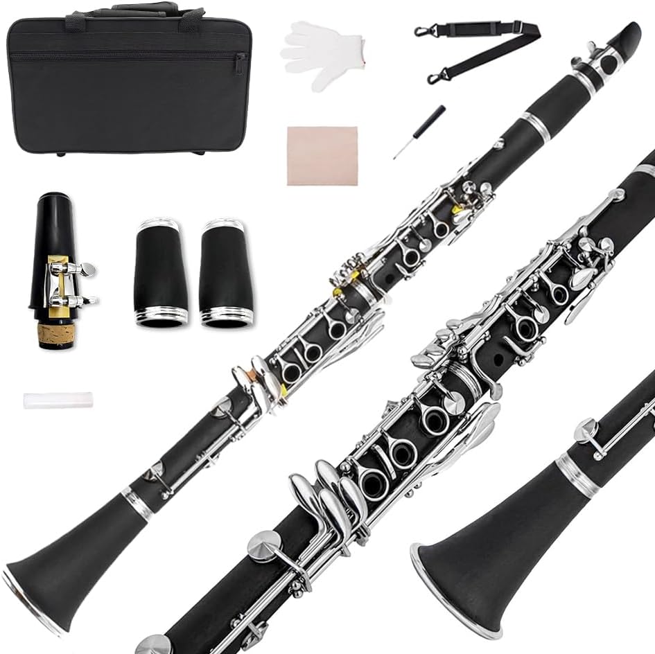 Yinfente Clarinette en Si Bémol pour Débutants et Étudiants, Noir, Ébonite, avec Étui de Clarinette, Kit de Nettoyage, Pie-Bouche, Graisse de Liège, 17 Touches, Standard Bb-flat