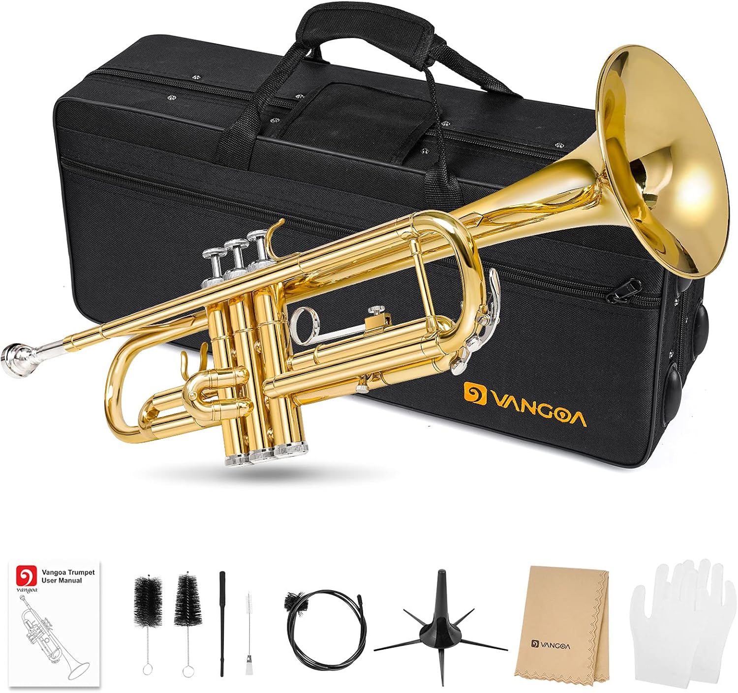 Trompette en Sib Vangoa Trompette en laiton standard pour étudiants débutants avec étui rigide, support, embout buccal 7C, gants et kit de nettoyage