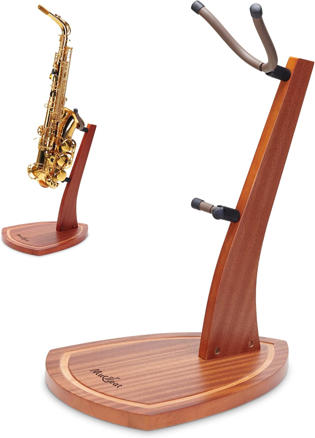 Musbeat Support de saxophone en bois avec base lourde fabriquée à la main, pied cadeau pour saxophone avec 2 empiècements en silicone souple pour sax ténor alto, porte de sol en bois Acajou