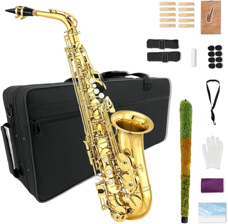 WUQIMUSC Saxophone alto débutant pour adultes, étudiant, saxophone Eb, instrument professionnel en laiton avec étui pour saxophone, embouchure, anches, gants, chiffon de nettoyage et brosse (doré)