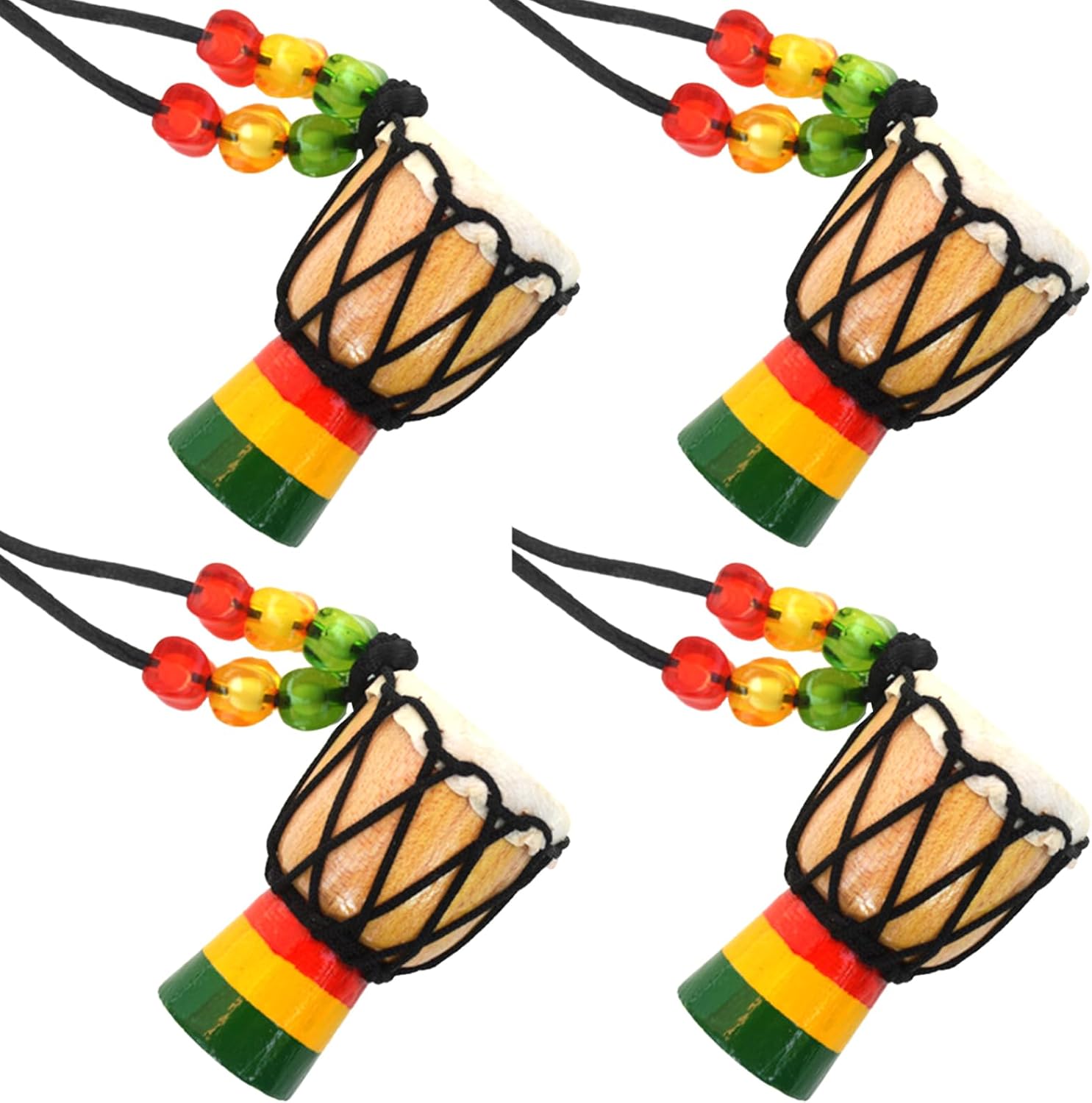 Sertay 4 Pièces Mini Tambours Africains, Colliers Instruments Djembé Tambour, Pendentif Tambour Africain Bois, Adaptés aux Artistes, Mélomanes ou Amateurs de Percussions (Madera tricolor)