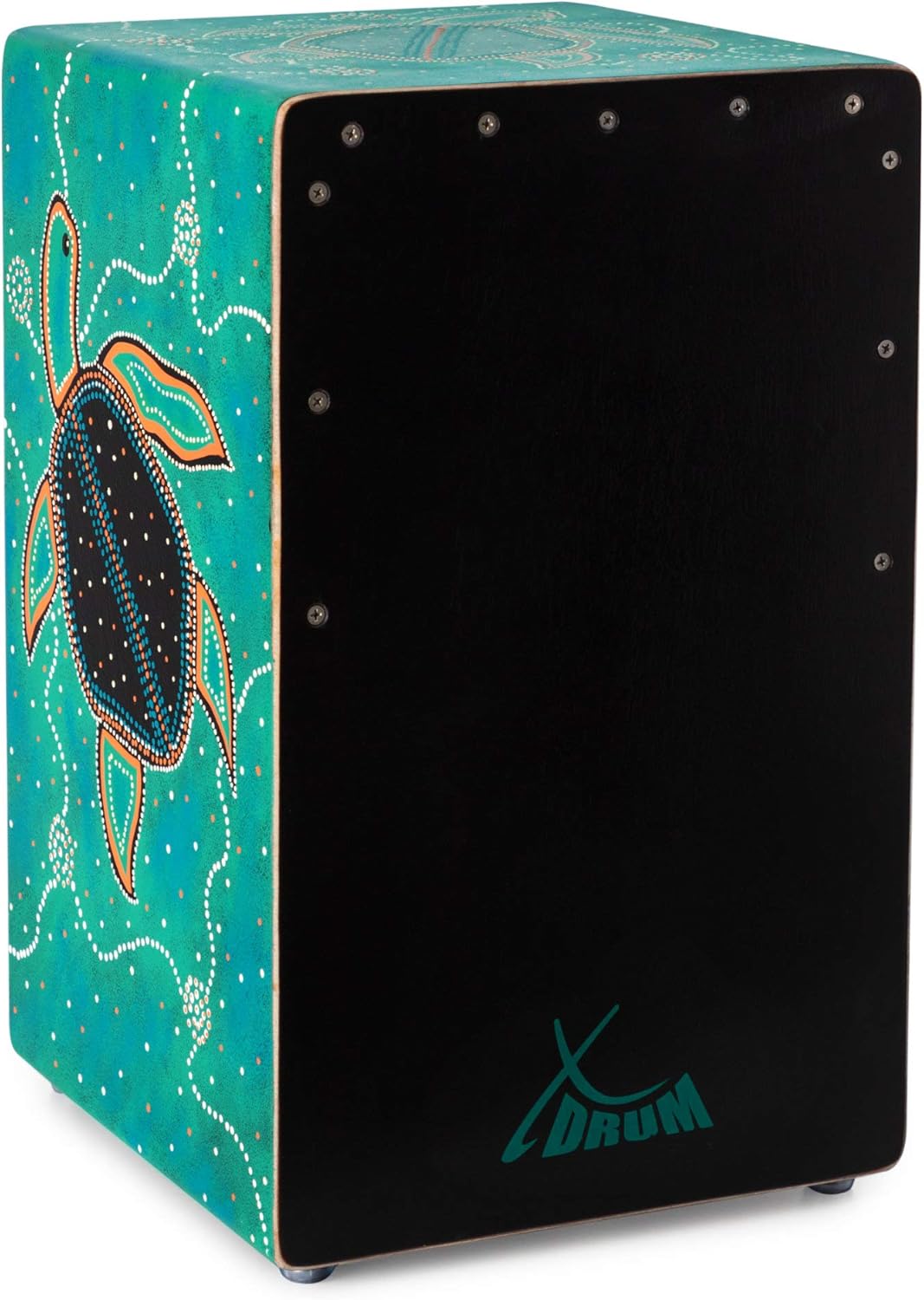 XDrum Design Series Cajon "Turtle" - Cajon design peint à la main avec tortues en Dot Art - Bass Port intégré - Corps en HPL (High Pressure Laminate) - Teppich de caisse claire fixé en permanence