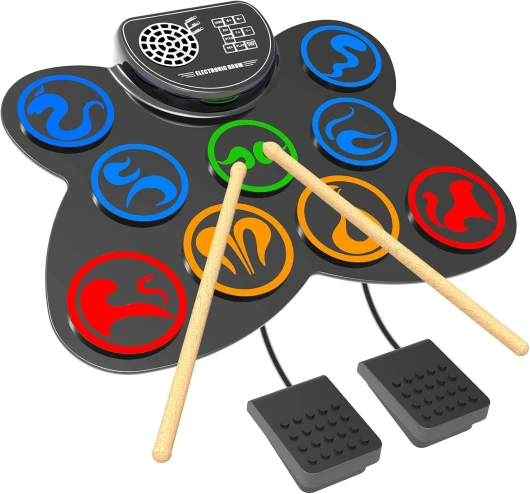 Batterie Électronique, CNAPXAIA Kit Batterie Enfants Portable avec Haut-parleur Stéréo Intégré, Batterie Instrument de Musique en Silicone à 9 Pads Cadeaux pour Anniversaire et Noël 1 Hautparleur