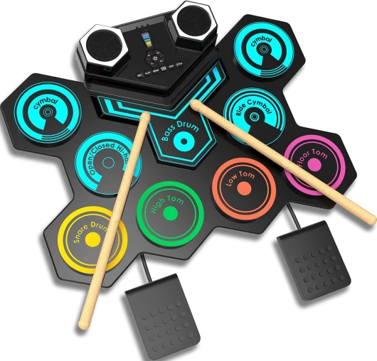 CNAPXAIA Batterie Électronique - 9 Pads de Batterie Portable avec Haut-Parleurs Stéréo Intégrés Baguettes, Batterie Electronique Musicale Pliable Cadeau pour Enfants et Adulte Coloré