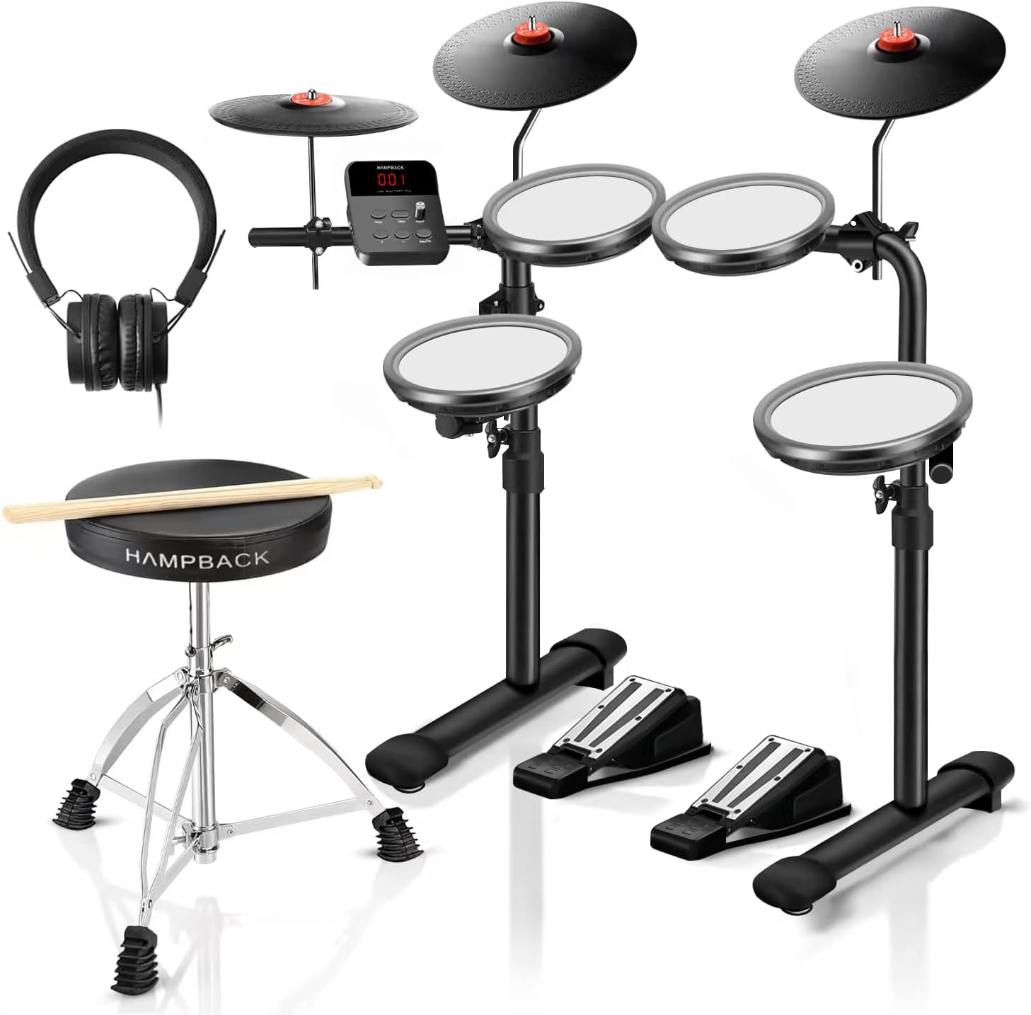 MK-0 Batterie Electronique avec Pads en Maille 7", Cymbales 8", 12 Kits, 68 Sons, USB MIDI, Siège, Baguettes, Casque et 2 Pédales, Convient aux Débutants et aux Enfants