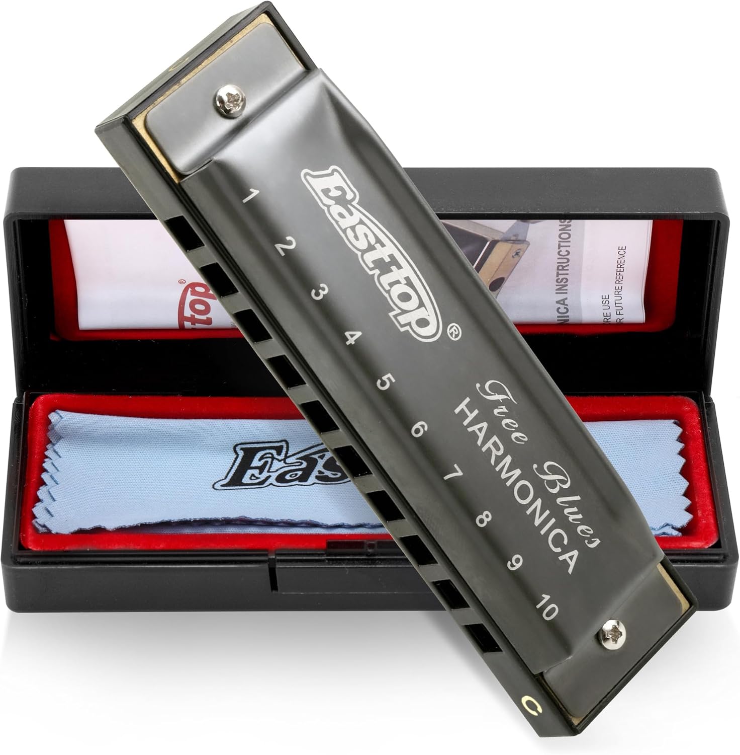 Harmonica diatonique en Do 10 Trous, Harmonica Blues Diatonique en Do, T003 Instrument pour Adultes, étudiants, Enfants et Débutants avec étui gris（Gris argenté） T003-grey-C