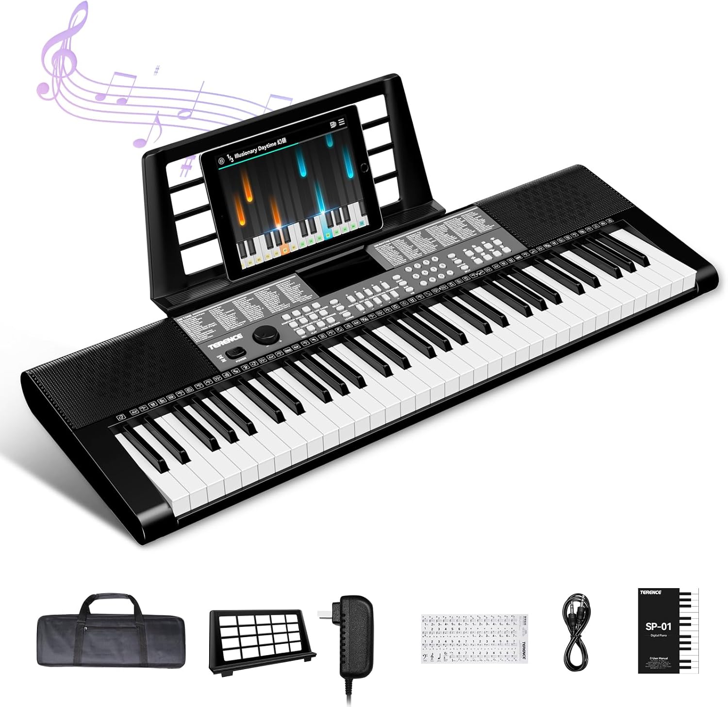 Piano Numérique 61 Touches Double Haut-parleur HiFi Clavier Piano avec 51 Touches de Fonction Affichage LED Double Clavier 2 Options d'alimentation Support pour Casque et Microphone