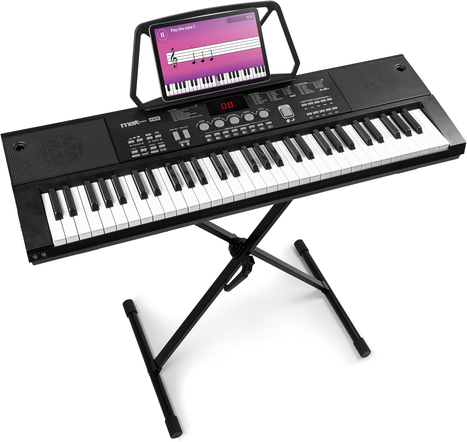KB15 Clavier Électronique 61 Touches, Stand Inclus, Synthétiseur Débutant, Deux Haut-parleurs Intégrés, Batterie Rechargeable, Microphone Inclus, Idéal pour Démarrer votre Apprentissage avec Stand