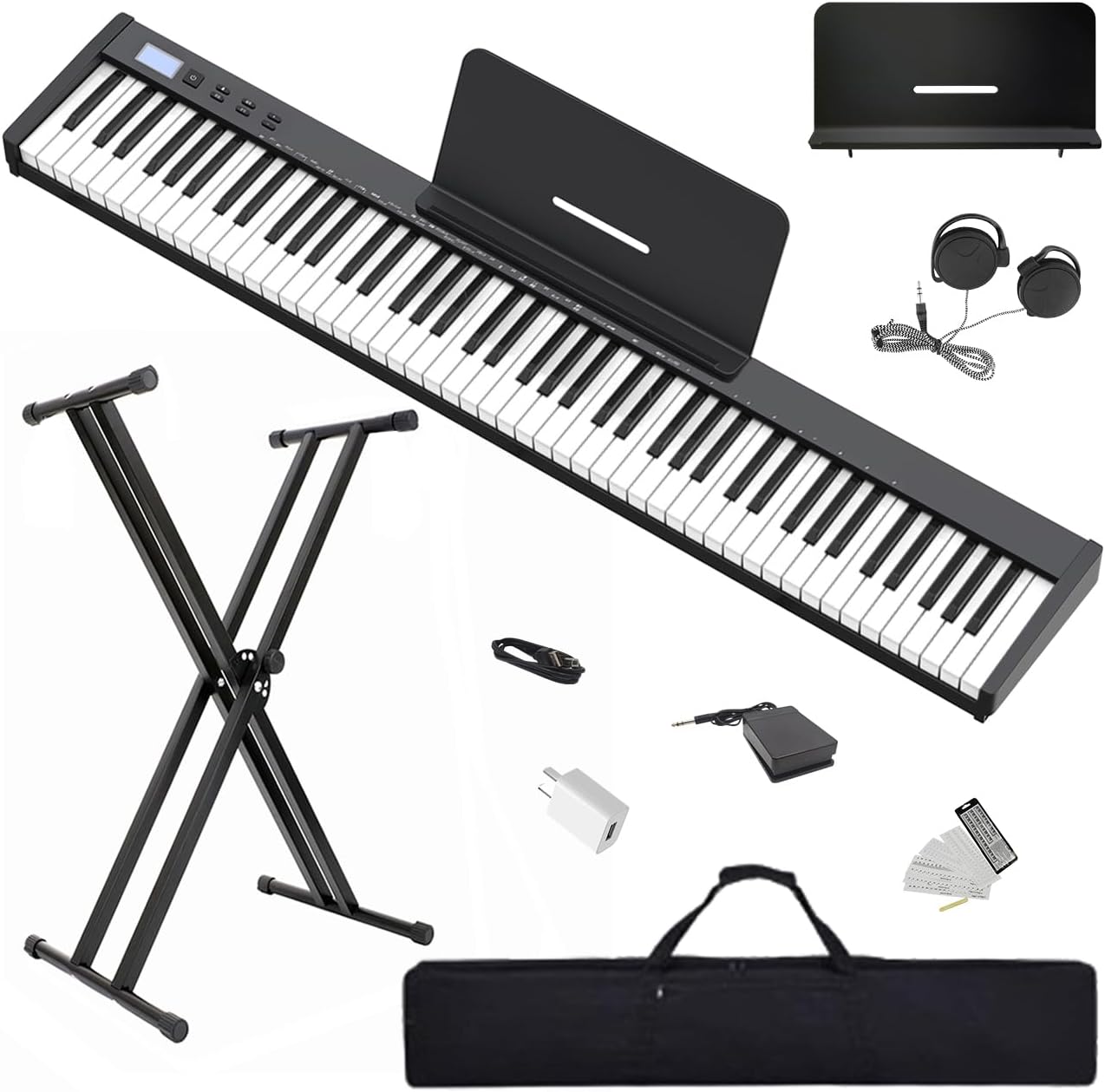 【Pack complet avec support】Longeye Piano Numérique 88 Touches Clavier Électrique Semi-Lesté Compact et Portable pour Débutants, Sac de Transport, Pupitre, Pédale de Sustain,Noir (Slim-88) Slim avec support