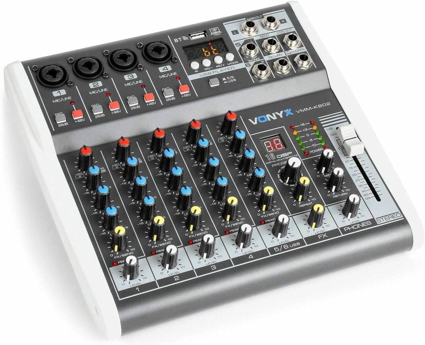 Vonyx VMM-K602 Table de Mixage - 6 Canaux, Technologie sans Fil Bluetooth, 16 Effets Inclus, USB, égaliseur, Option Chant, Idéal pour des Applications Chants et DJ
