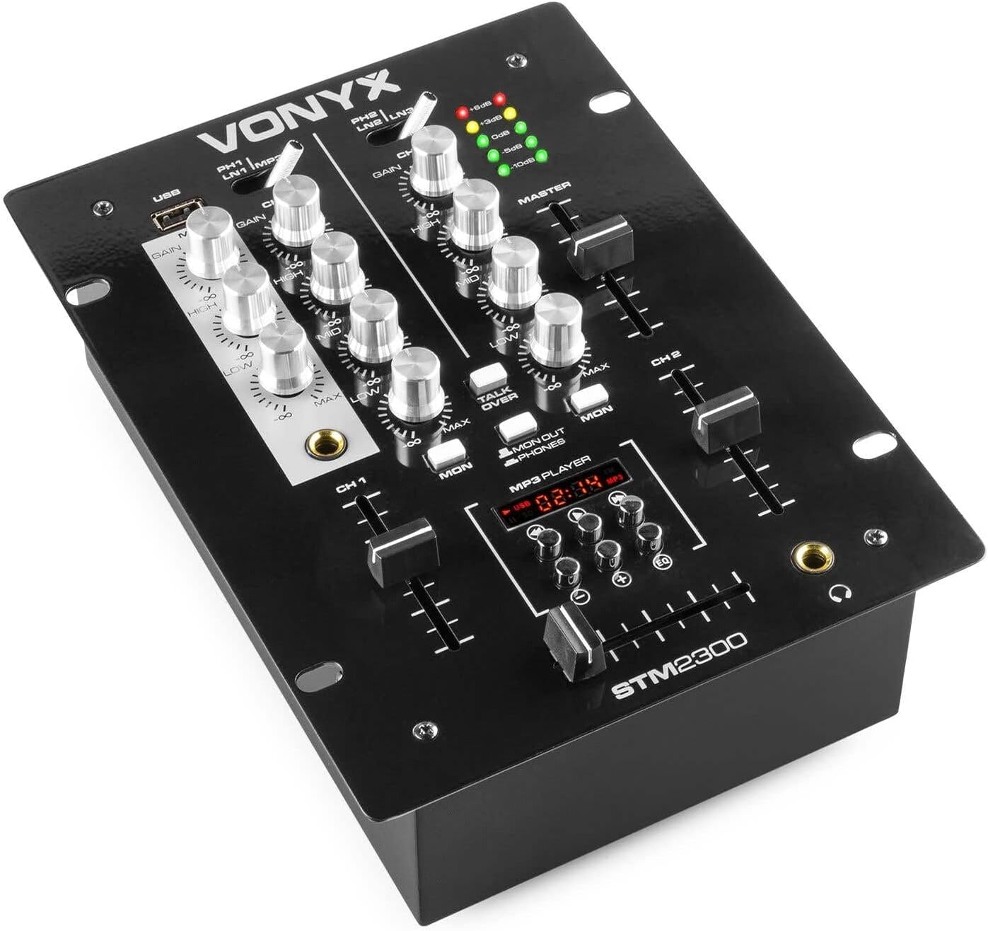 Vonyx STM-2300 Table de Mixage 2 Canaux - Entrée RCA Phono/Ligne Commutable, Sortie principale RCA et Sortie Casque, Egaliseur 3 Bandes sur les Canaux, Egaliseur 2 Bandes Mic, Idéal pour DJ Mobile