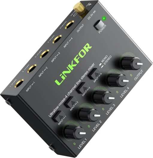 Mini Mélangeur Audio Stéréo 4 Canaux Mélangeur de Ligne Ultra-Faible Bruit Switch Stereo/Mono, Contrôle du Volume Indépendant pour Mixage, Mini Mélangeur Audio DC 5V Type-C pour Club Bar ULKDAC163us