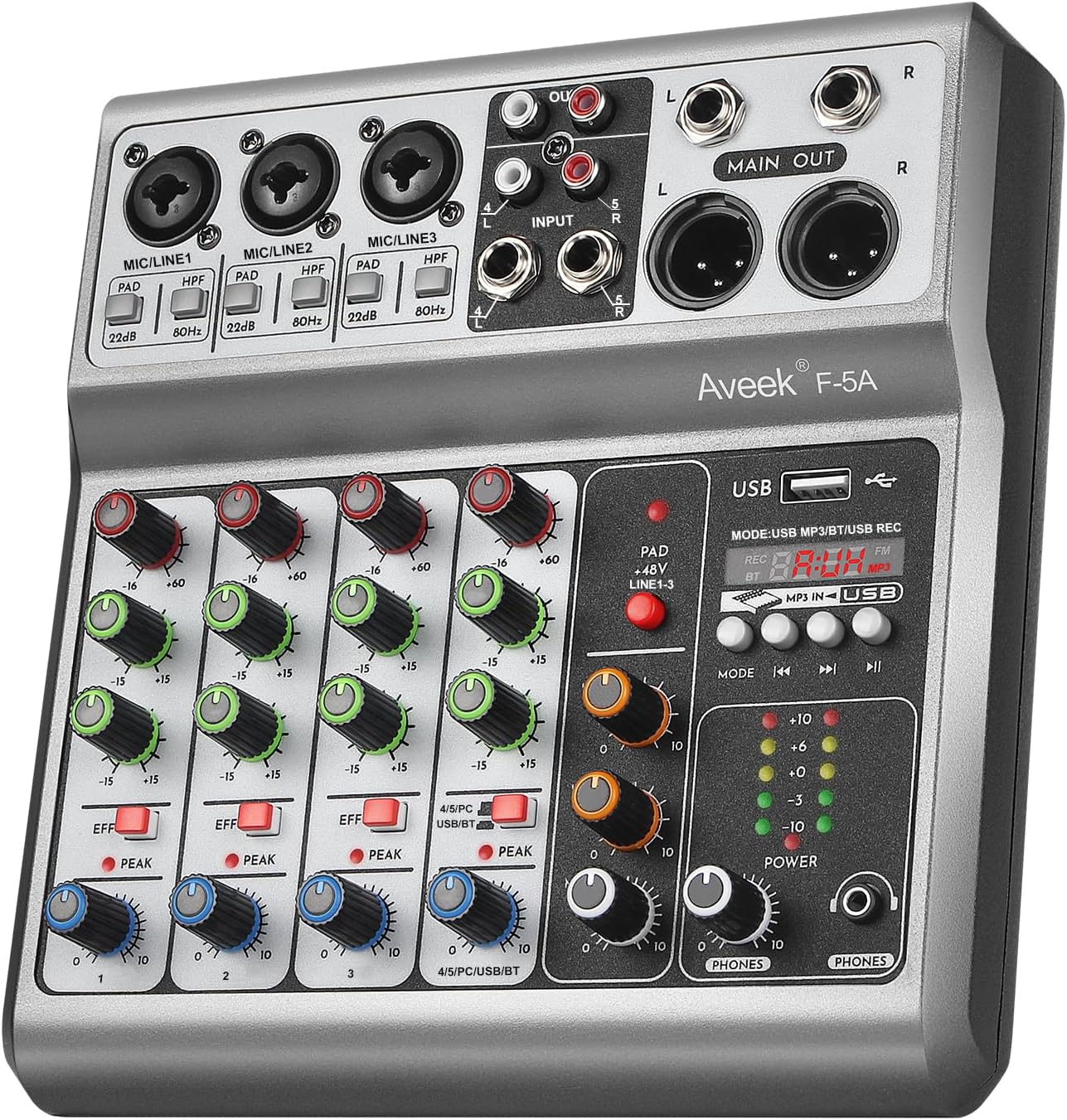 Aveek Audio Mixer, Console de mixage sonore avec 5 canaux, USB numérique, Bluetooth, Effets de Réverbération delay, Alimentation Fantôme 48V, Mixeurs DJ Stéréo pour l'enregistrement,Podcasts.Streaming 5 Channel