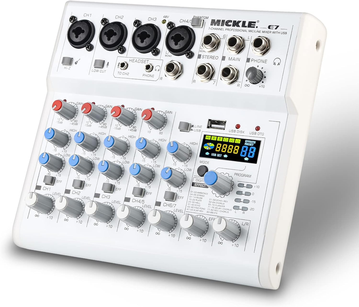 Table de Mixage Audio Console de Mixage Compacte, 7 Canaux Console Son Mixeur Audio DJ Avec 88 Effets DSP Intégrés Et Alimentation Fantôme 48V Partageable Bluetooth ou MP3 avec Interface USB Audio