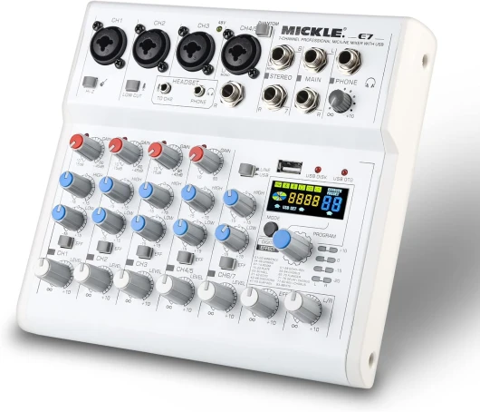 Table de Mixage Audio Console de Mixage Compacte, 7 Canaux Console Son Mixeur Audio DJ Avec 88 Effets DSP Intégrés Et Alimentation Fantôme 48V Partageable Bluetooth ou MP3 avec Interface USB Audio