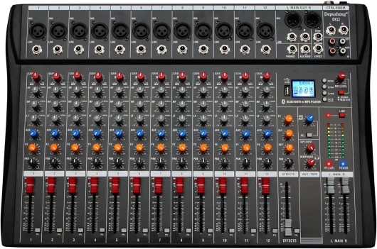 DX12 Interface contrôleur de son DJ avec lecteur USB pour enregistrement sur ordinateur Mélangeur audio studio 12 canaux - Prise microphone XLR, alimentation 48 V, entrée/sortie RCA