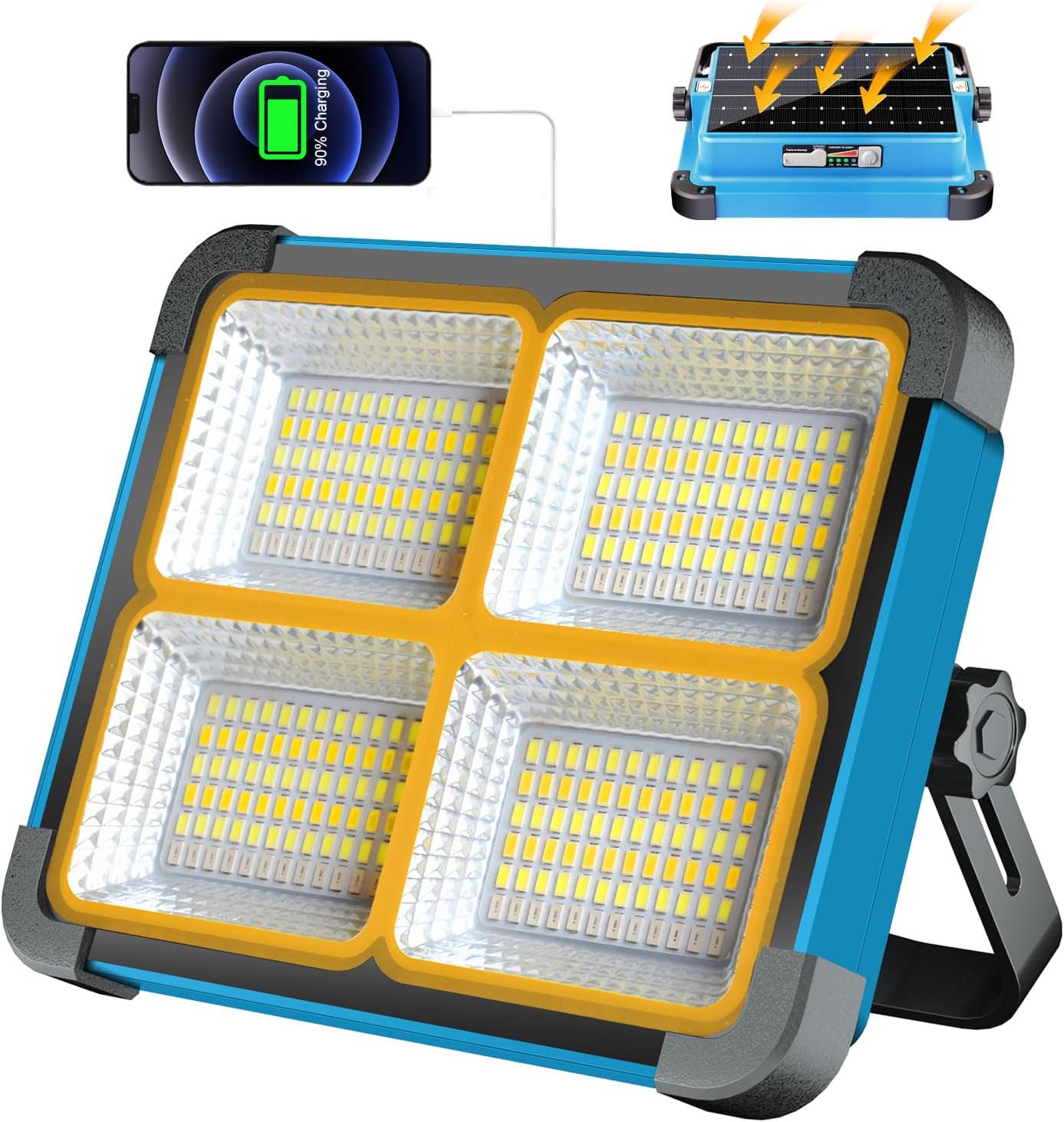 ErayLife Projecteur LED Rechargeable 100W, Projecteur LED Chantier Portable Batterie 10000mAh, Lampe de Travail 288 LEDs 5 Modes d'éclairage, Panneau Solaire, Absorption d'aimant pour Garage, Camping L-288-Leds