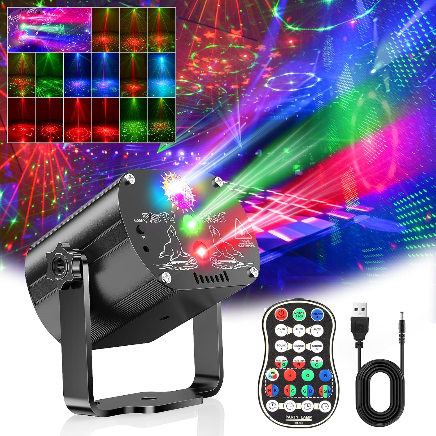 Boule disco contrôlée par la musique - 60 motifs différents - Effet stroboscopique - Lumière de fête avec télécommande et USB de 2 m - Pour famille, discothèque, fête (Vrai noir, noir)