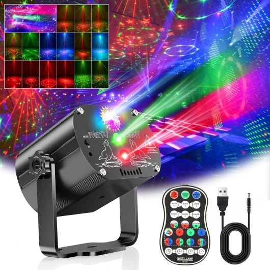 Boule disco contrôlée par la musique - 60 motifs différents - Effet stroboscopique - Lumière de fête avec télécommande et USB de 2 m - Pour famille, discothèque, fête (Vrai noir, noir)