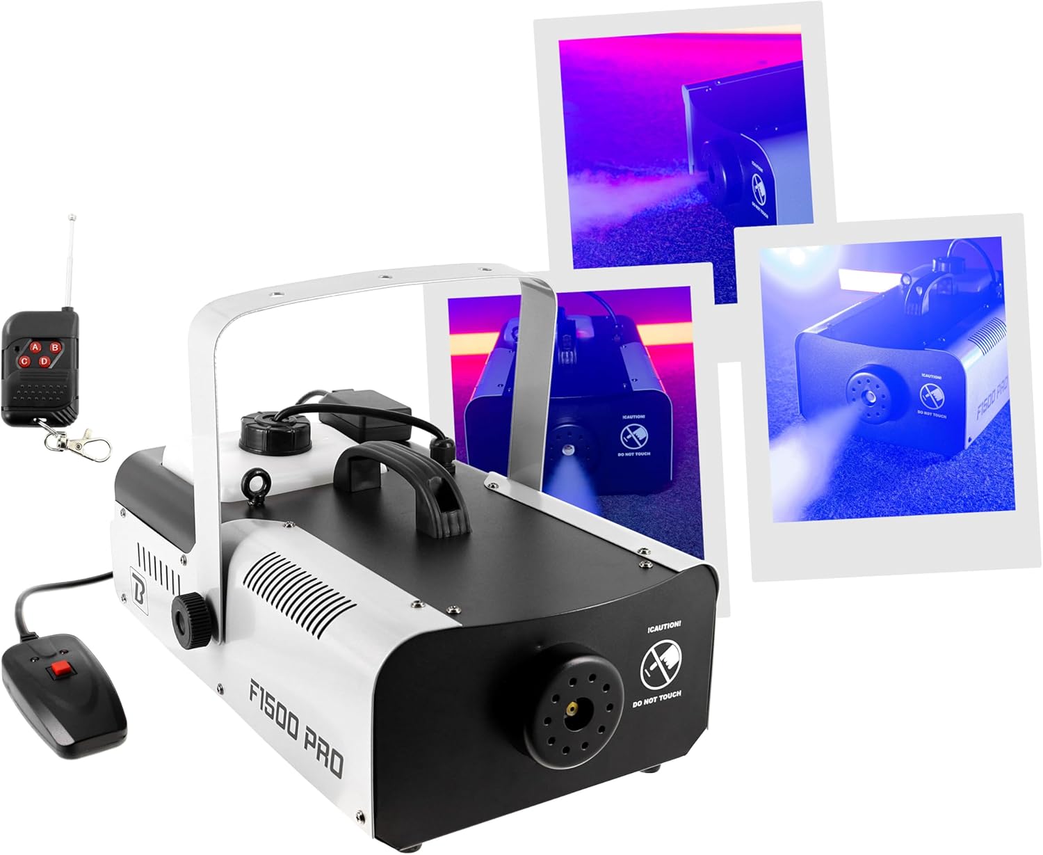 F1500, machine à fumée, 1500W, télécommande filaire 3 mètres, télécommande HF et lyre de fixation inclues, idéale pour mariage, soirées privées, machine à fumée compacte, prête à l'emploi Unique