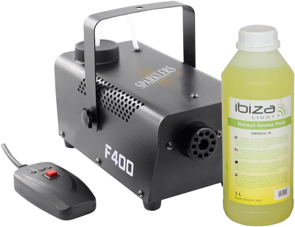 Machine à fumée + Liquide à Fumée - Puissance 400 Watt, Très bon Débit - Temps de chauffe rapide - Réservoir 0,3 Litres - Facile à transporter, idéale pour DJ (1 MACHINE + 1L)