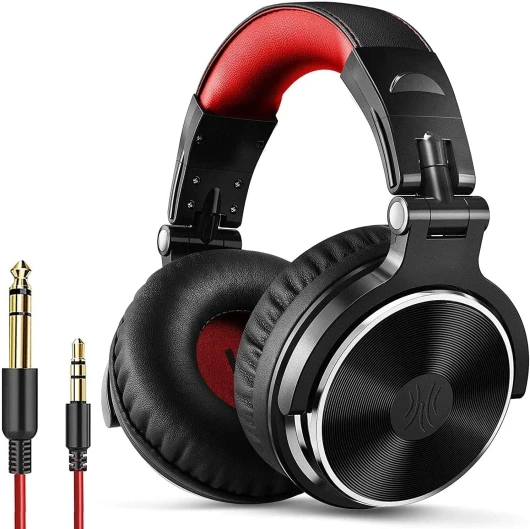 Casque Audio Filaire DJ Piano Guitare avec Micro, Hi-Res Audio Extra Basse Son, Léger Confort Pliable Casques avec Share-Port, 2 câbles - Headphone pour PC Studio Monitor AMP Pro-10(Rouge)
