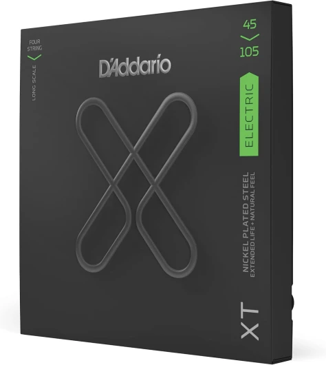 D'Addario Cordes XT pour basse XTB45105, acier plaqué nickel, aiguës Light/graves Medium, diapason long, 45-105 Light Top/Medium Bottom, 45-105