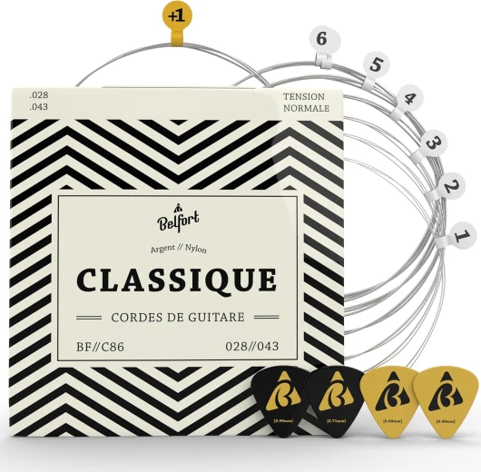 Cordes de Guitare haute Cordes pour Guitare Classique et guitare de concert pour I Kit de 6 cordes I silberumwobene Cordes en nylon I Bonus: gratuits eBook + 3 médiators - BF//C86 1 jeu – 6 cordes + 1E sup - (.028/.043)