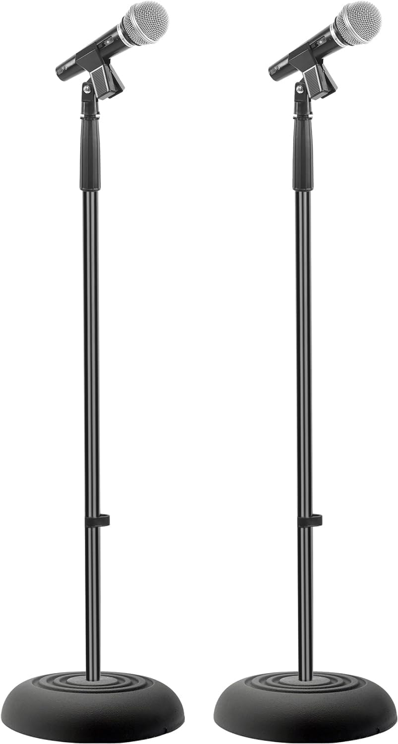 Pied de Micro Universelle à Base Compact - Hauteur Réglable de 85 cm à 152 cm- Support de Micro avec Sol Robuste - Léger pour Studio avec Adaptateur de Microphone Standard - Paire 2 pc