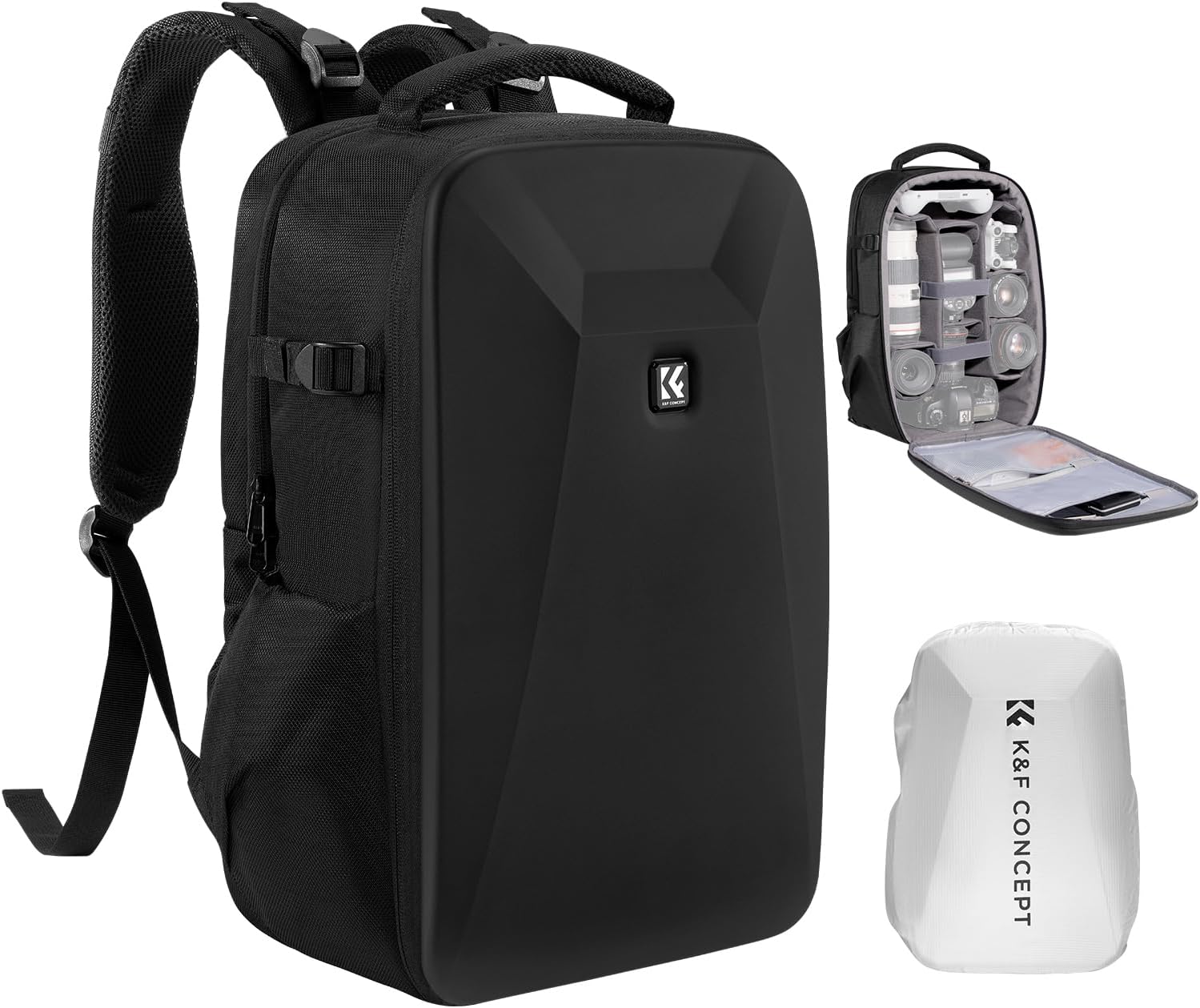 K&F Concept Sac à dos pour appareil photo avec coque rigide pour appareil photo avec compartiment pour ordinateur portable de 15,6" et housse de pluie pour drones, appareils photo reflex numériques, Noir Profond