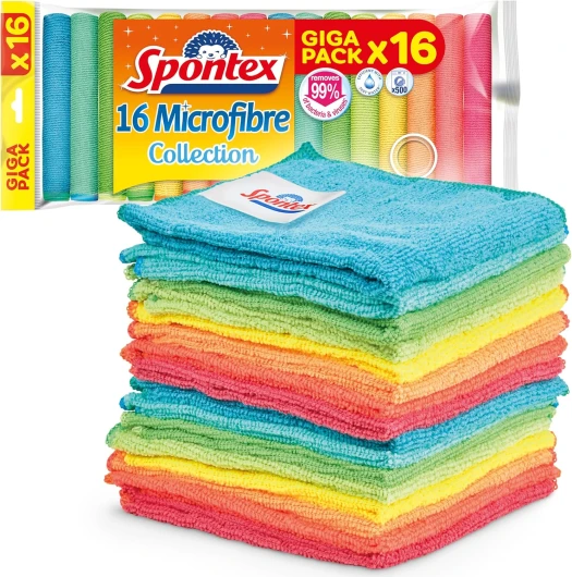 Chiffons de nettoyage microfibre Spontex - 16 chiffons de nettoyage collection microfibre - Chiffons à poussière et de cuisine - 30 x 30 cm - Couleurs assorties - 16 unités