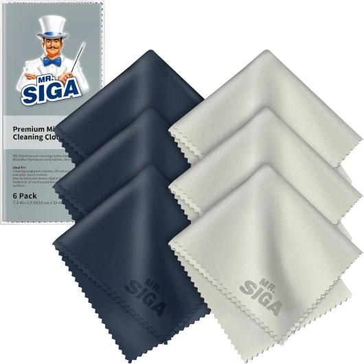 MR.SIGA Chiffons de Nettoyage, Lot de 6, en Microfibre Surchoix pour Lentilles, Lunettes, Ecrans, Tablettes, Glasse, 6 x 7 Pouces (15 x 18 cm), Marine/Gris 6 Pack - 6 x 7 inch