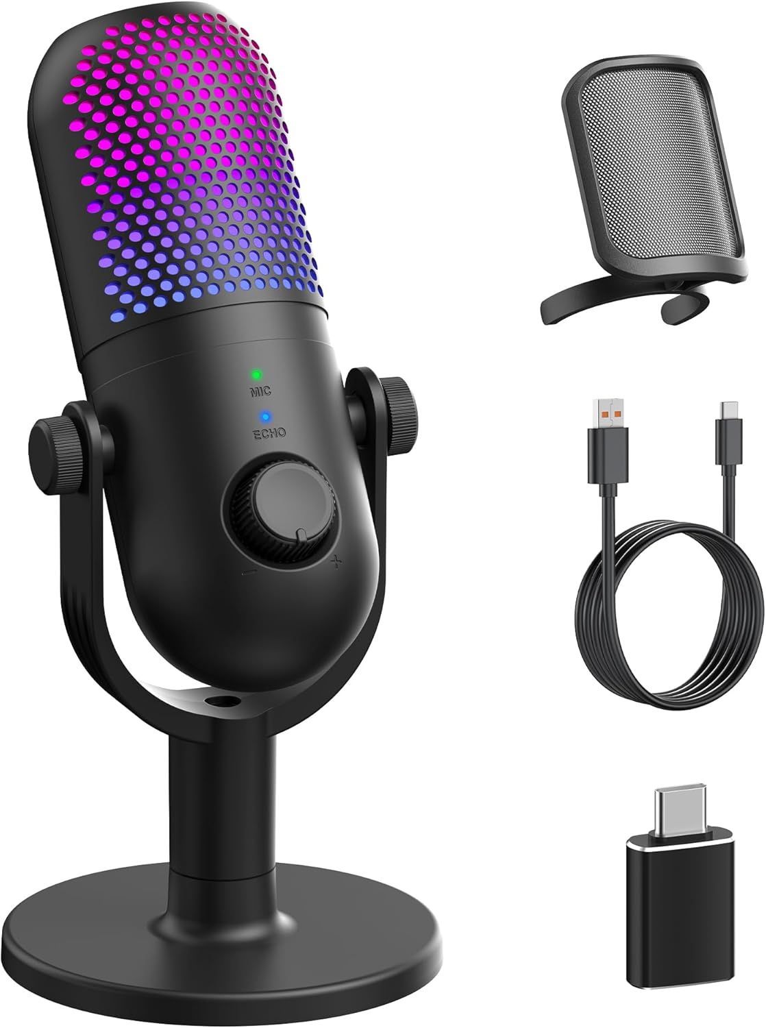 USB Micro Condensateur PC Gaming: Microphone Gamer pour PS4 & PS5 - Bureau Micro RGB avec Muet & Écho & Réduction du Bruit - Mixage Microphone pour Streaming & Enregistrement & Vocal & Podcast Black