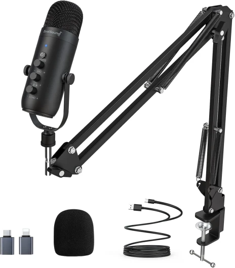 Zealsound Microphone USB Gaming- Micro à Condensateur pour iPhone/PC/Mac/PS4&PS5, Micro Streaming/Youtube/Podcast, Bouton Muet/Gain/Echo, Bras Inclus - Kit Complet pour Enregistrement K66 avec Boom Noir