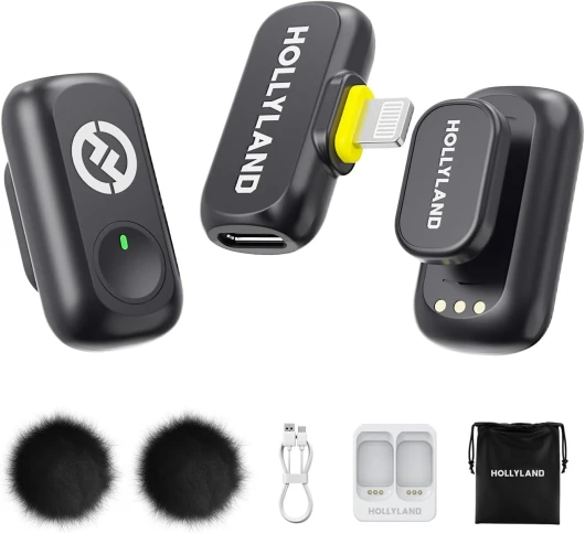 Hollyland Lark A1 Mini Duo Micro-Cravate sans Fil pour iPhone 15/16 & Android, 48 kHz / 24 Bits, Annulation de Bruit Intelligente à 3 Niveaux, Mini Microphone sans Fil pour Youtube, Podcast, Vlog Lightning-Only Mic