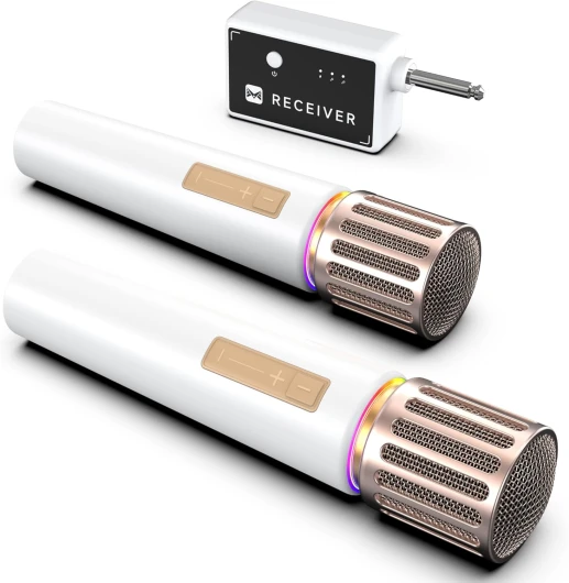 ECHOMUSSY Micro sans Fil, Micro avec Connexion par Puce Individuelle, Lumières LED Contrôlables, Autonomie de 40H, Portée de 60m, Contrôle du Volume pour Le Chant, la Parole Blanc
