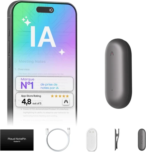 NotePin Enregistreur Vocal IA, Contrôle par Application, Prise de Notes IA, Transcription & résumé IA, Compatible avec 112 Langues, Mémoire 64 Go, Enregistreur Audio pour Cours, Réunions, Gris