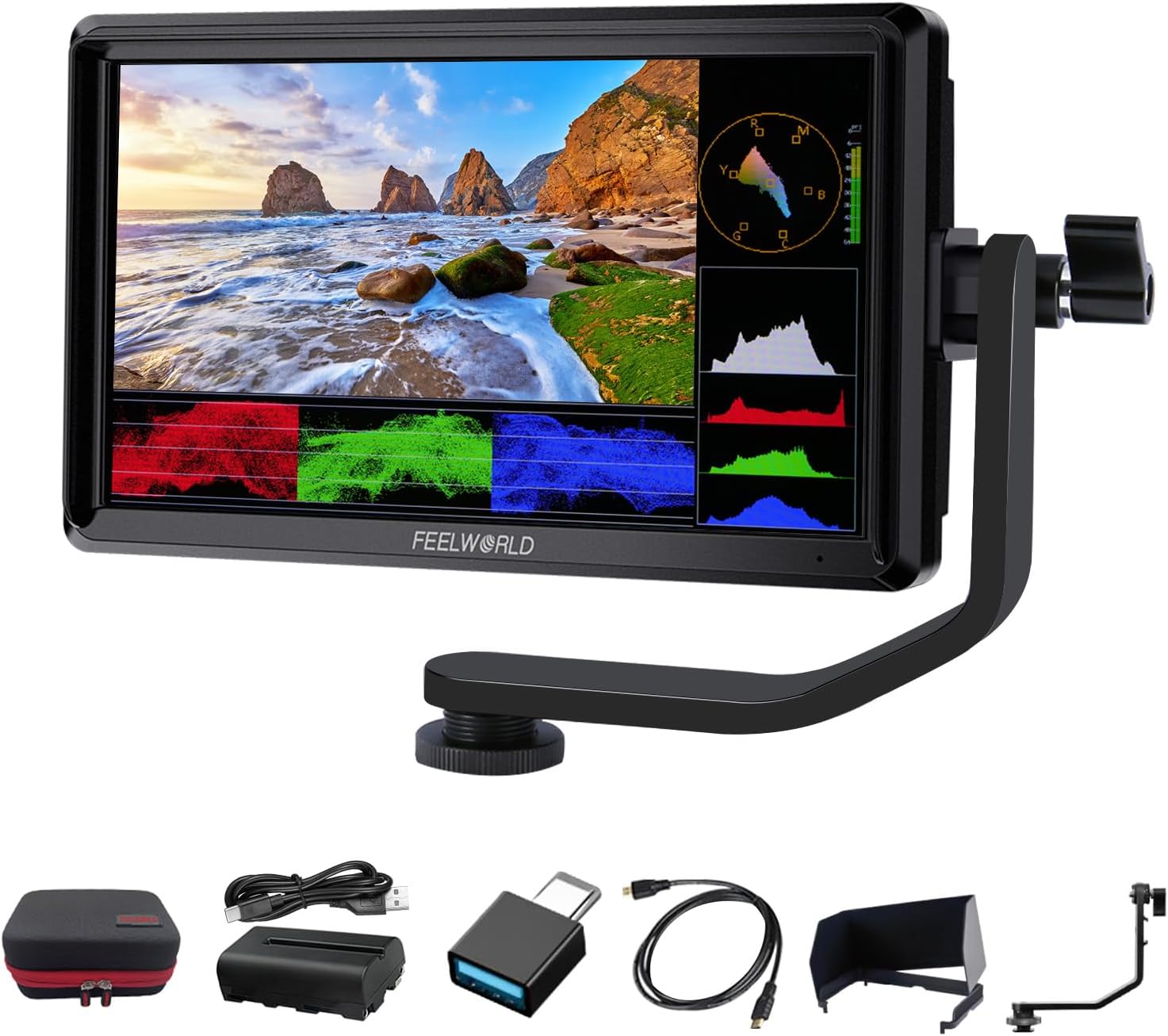 FW568 V3 6 Pouces 4K Moniteur de caméra, Moniteur de caméra DSLR Full HD 1920 x 1080 3D lUT avec Batterie 2800 mAh, Sac de Transport, Pare-Soleil, entrée de Sortie HDMI, Bras inclinable