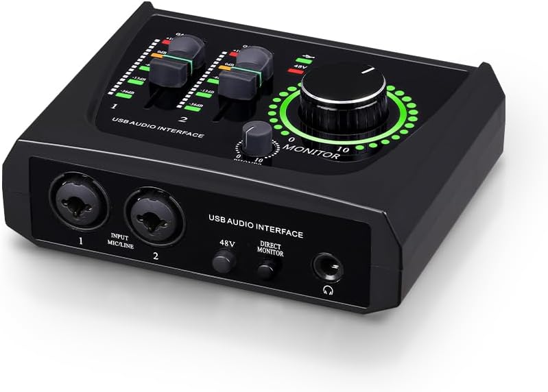 BOMGE Mini interface audio USB à 2 canaux pour enregistrement, streaming et podcasting, avec alimentation fantôme XLR/48 V, interface audio de qualité studio pour guitariste, chanteur, podcasteur ou