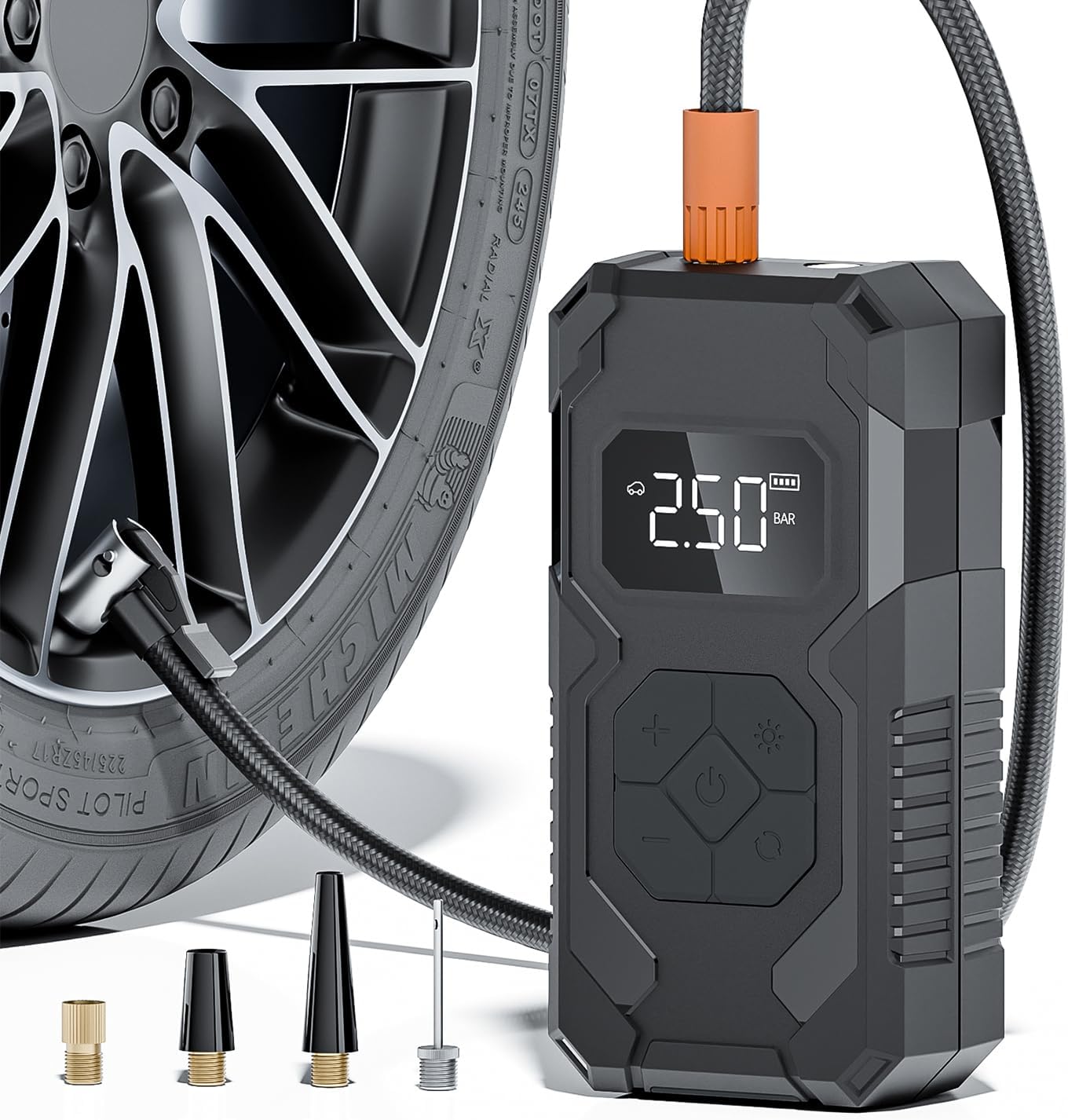 Gonfleur de pneus portable compresseur d'air - 150 PSI et 15000 mAh, pompe à air sans fil pour pneus de voiture avec manomètre numérique, arrêt automatique et lumière LED, pompe à pneus électrique pou Noir